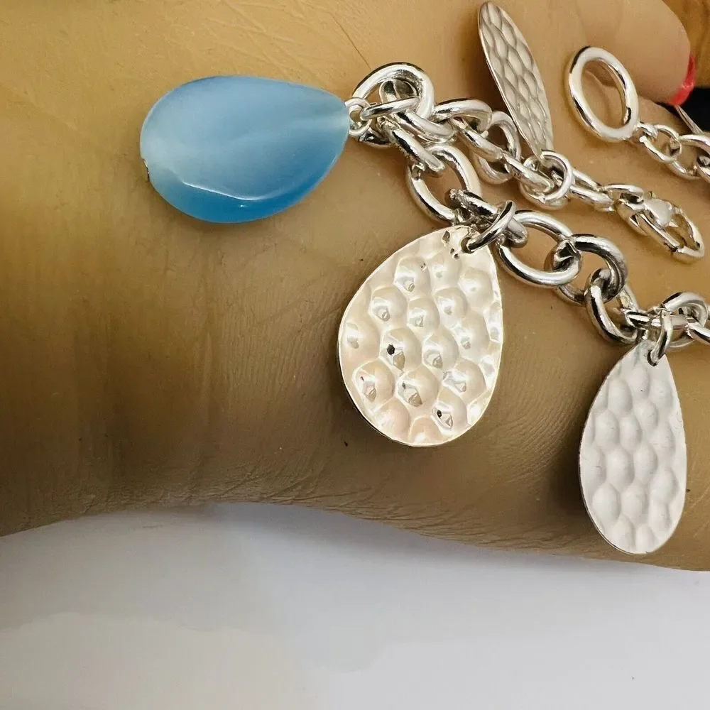 Blue Silver Tone Charm Dangle Drop Bracelet Spring Summer 7” 1477